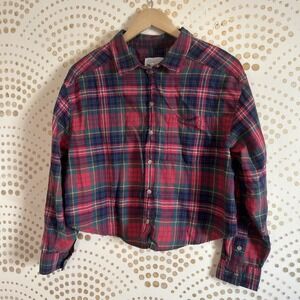 Y2K American Eagle Crop Flannel Shirt Plaid Womens MEDIUM Grunge Layer